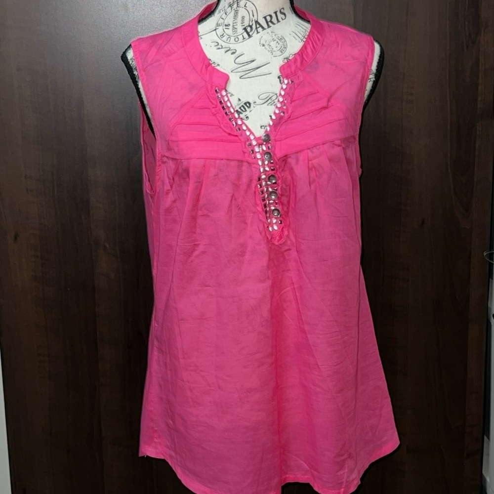DKNY Jeans Sleeveless Pink with Gunmetal/Silver Detail Top, Sz: Large